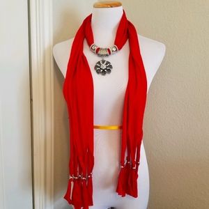 Western Red Scarf with Dangling Rhinestone Embellishments New